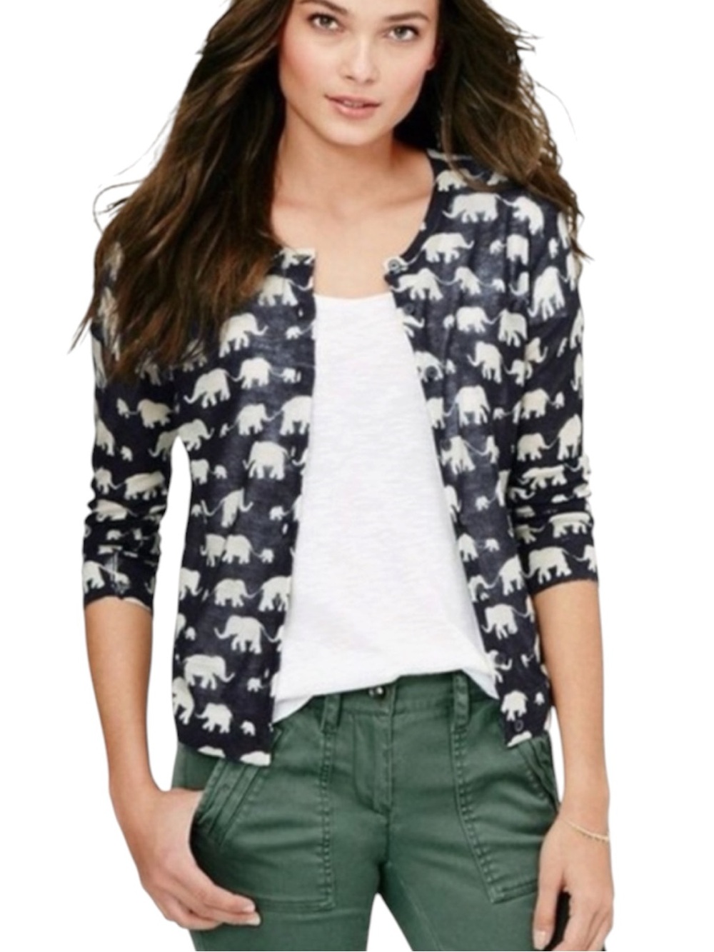 LOFT Elephant Print Cardigan Sweater in Navy/White Size M — Wafer Thin